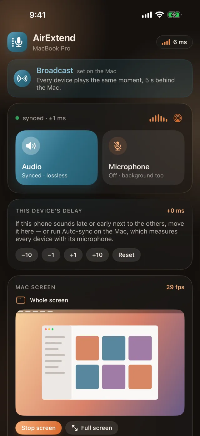 AirExtend on iPhone in Broadcast mode, synced within 1 ms.