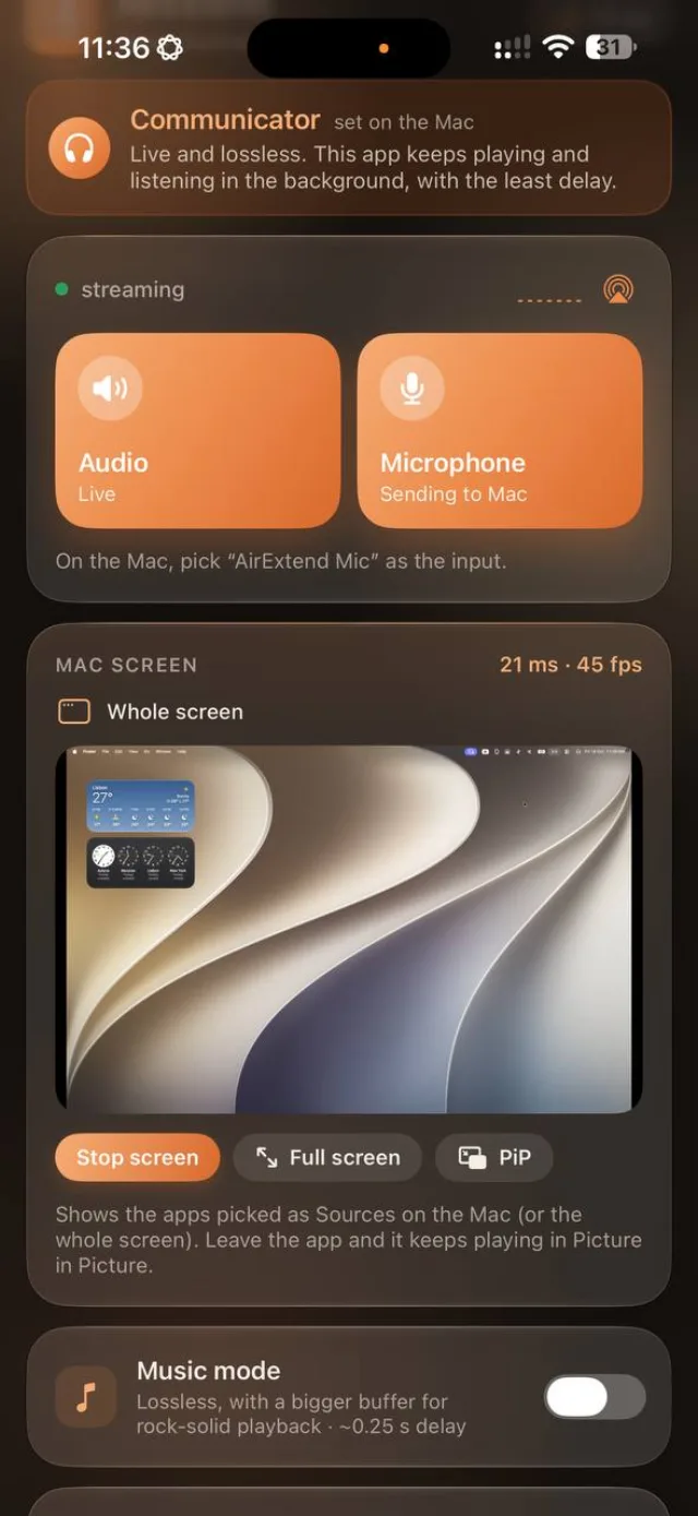 AirExtend on iPhone in Communicator mode with the Mac screen.