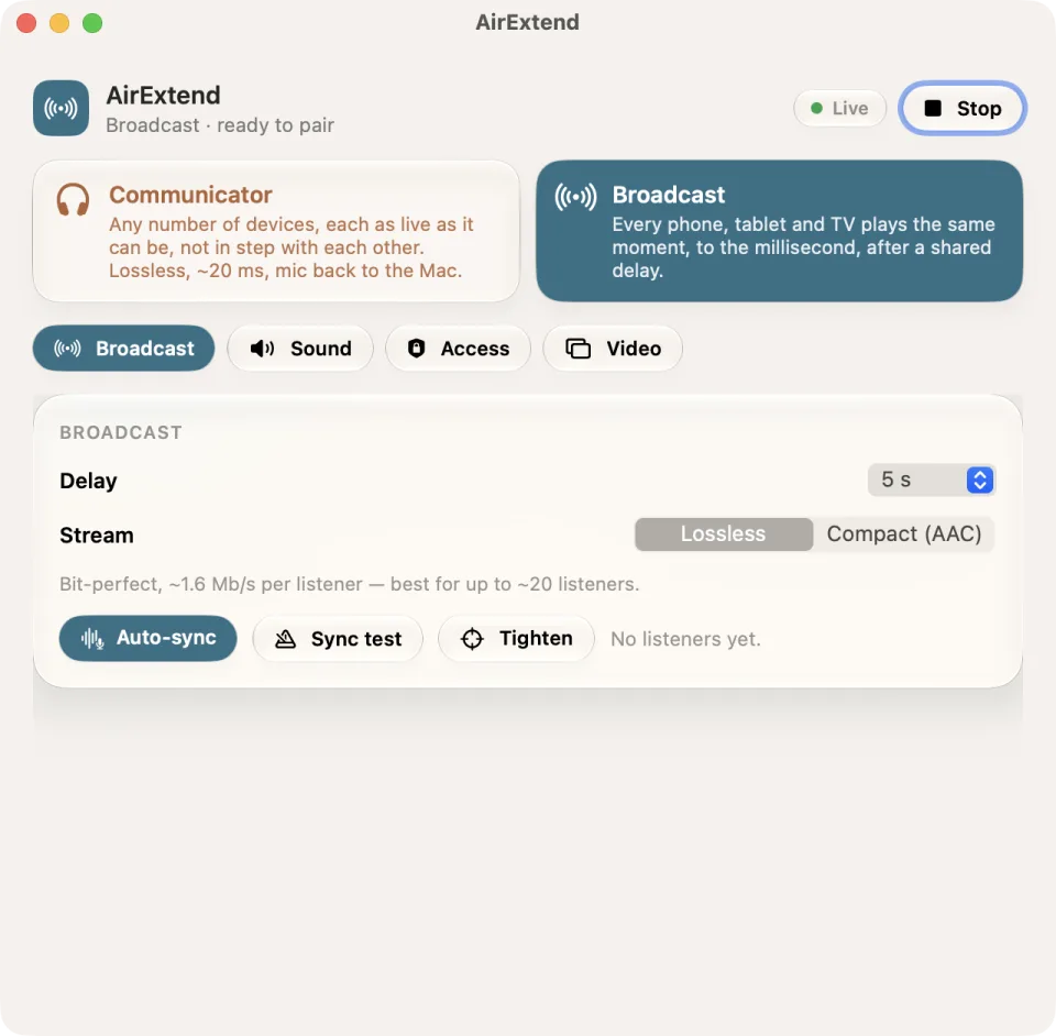 AirExtend settings on the Mac: shared delay and stream type.