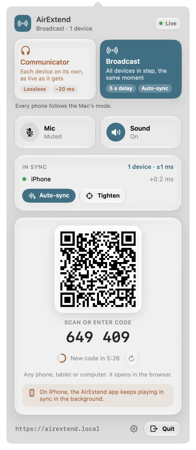 The AirExtend menu-bar panel on a Mac in Broadcast mode with the pairing QR code.