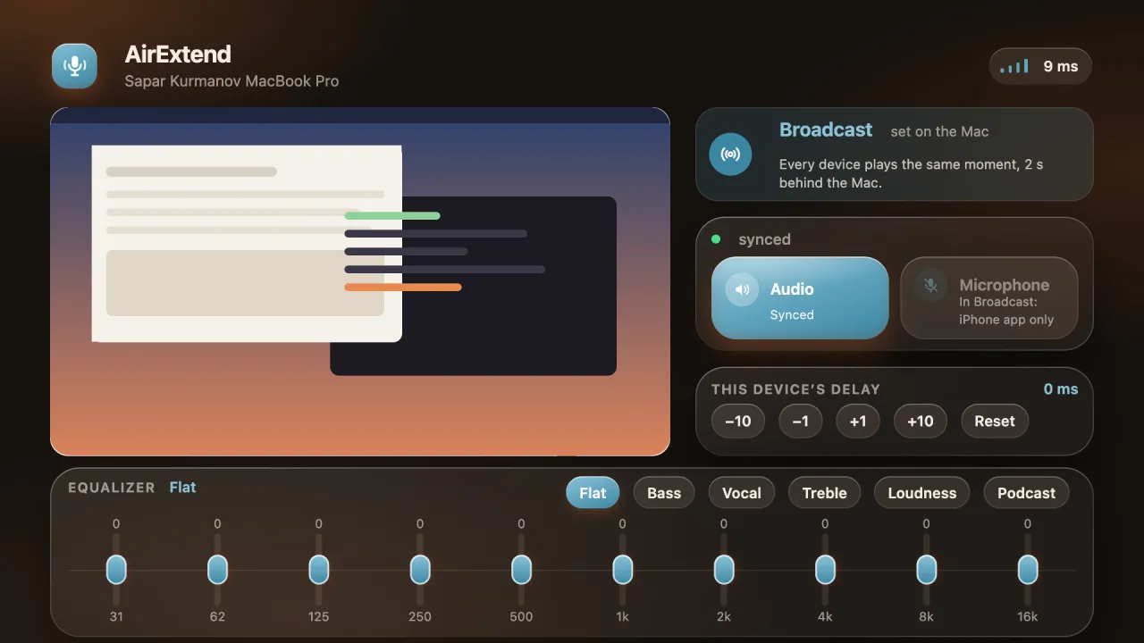 AirExtend on an LG TV: the Mac screen as a tile, delay and equalizer.